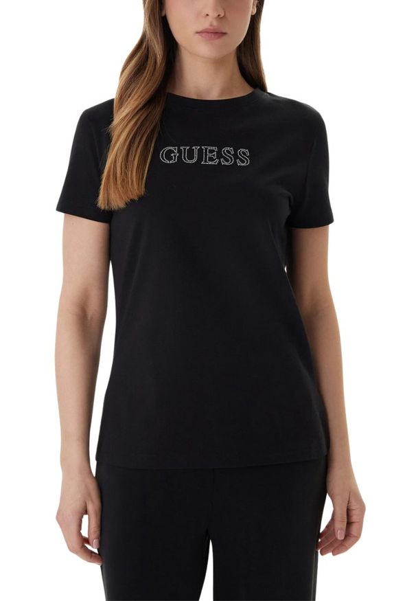 Guess - GUESS Czarny damski t-shirt na krótki rękaw z cyrkoniami Briana, Rozmiar M. Okazja: na co dzień. Kolor: czarny. Długość rękawa: krótki rękaw. Długość: krótkie. Styl: elegancki, casual
