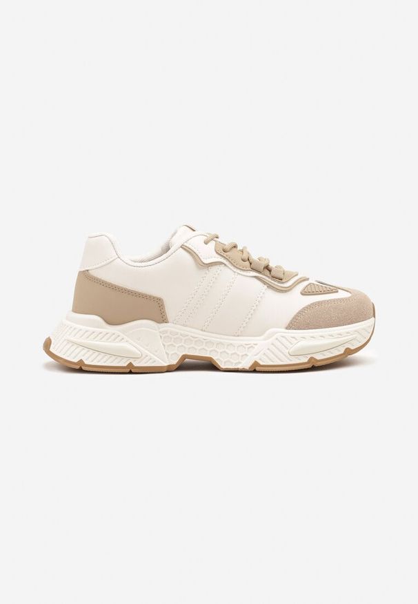 Renee - Ciemnobeżowe Sneakersy w Streetwearowym Stylu z Ozdobnymi Przeszyciami Isallena. Okazja: na co dzień. Zapięcie: sznurówki. Kolor: beżowy
