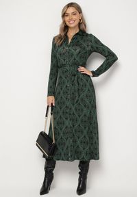 Born2be - Zielona Koszulowa Sukienka z Wiskozą w Ornamentalny Wzór z Wiązanym Paskiem Evathria. Okazja: na co dzień. Kolor: zielony. Materiał: wiskoza. Typ sukienki: koszulowe. Styl: casual, elegancki, klasyczny #2