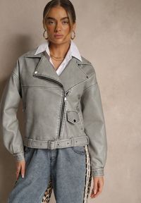 Renee - Szara Kurtka o Kroju Ramoneski z Paskiem z Klamrą Nalivra. Okazja: na co dzień. Kolor: szary. Materiał: jeans, poliester. Sezon: wiosna. Styl: klasyczny, elegancki, casual #5
