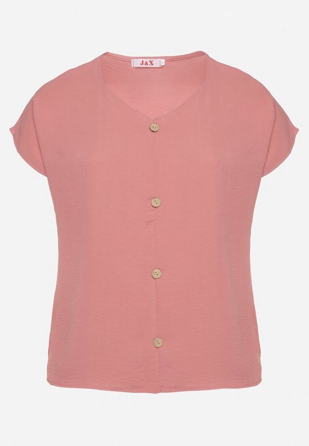Born2be - Różowa Bluzka Ozdobiona Guziczkami z Przodu Mepiana. Okazja: na co dzień. Kolor: różowy. Materiał: jeans. Długość rękawa: krótki rękaw. Długość: krótkie. Wzór: aplikacja. Styl: klasyczny, casual, elegancki