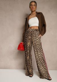 Renee - Brązowe Spodnie z Wiskozą High Waist o Szerokim Kroju z Lampasami Elosina. Stan: podwyższony. Kolor: brązowy. Materiał: wiskoza #5