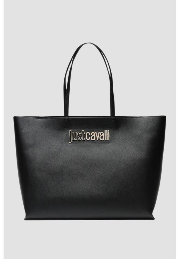 Just Cavalli - JUST CAVALLI Czarna shopperka Range B Metal Lettering. Kolor: czarny. Wzór: motyw zwierzęcy. Materiał: skórzane