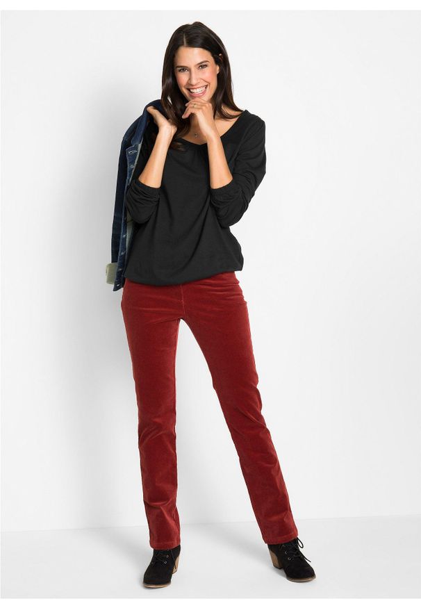 bonprix - Bluzka bawełniana z czystej bawełny z długim rękawem i gumką. Typ kołnierza: dekolt w serek. Kolor: czarny. Materiał: bawełna. Długość rękawa: długi rękaw. Długość: długie