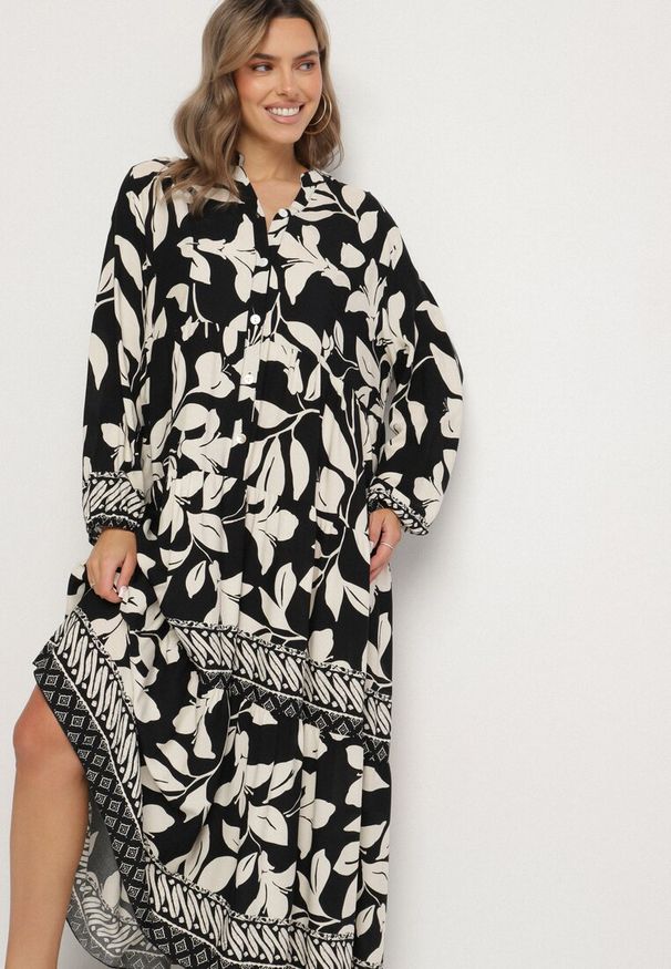 Born2be - Czarna Koszulowa Sukienka z Wiskozy z Motywem Liści Liorenna. Okazja: na co dzień. Kolor: czarny. Materiał: wiskoza. Wzór: kolorowy. Sezon: wiosna, lato. Typ sukienki: koszulowe. Styl: klasyczny, casual