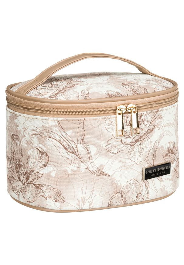 Lekka, beżowa kosmetyczka-kuferek na kosmetyki pokryta roślinnym wzorem - Peterson. Kolor: beżowy