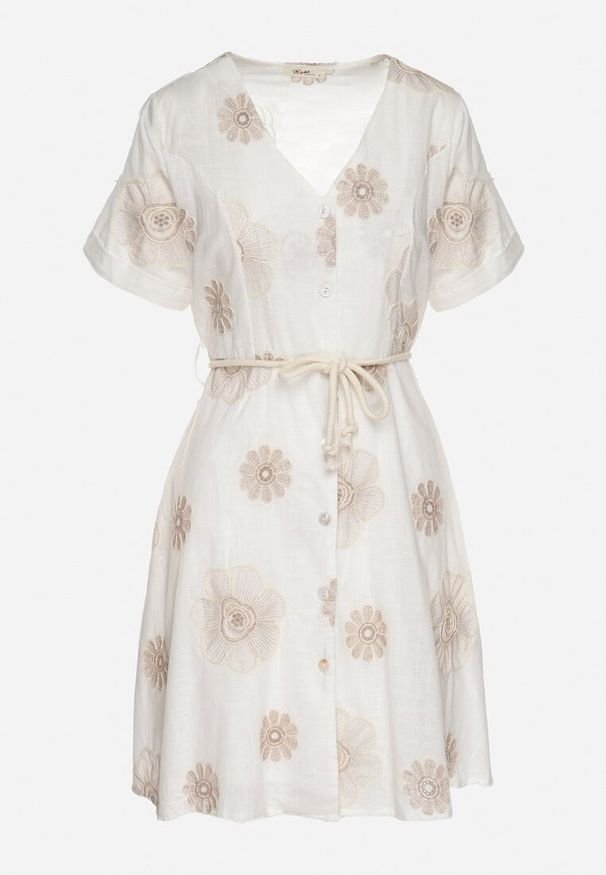 Born2be - Biała Sukienka w Stylu Boho w Haftowane Kwiaty ze Sznurkiem Evionis. Okazja: na co dzień. Typ kołnierza: dekolt w serek. Kolor: biały. Wzór: haft, kwiaty. Styl: boho