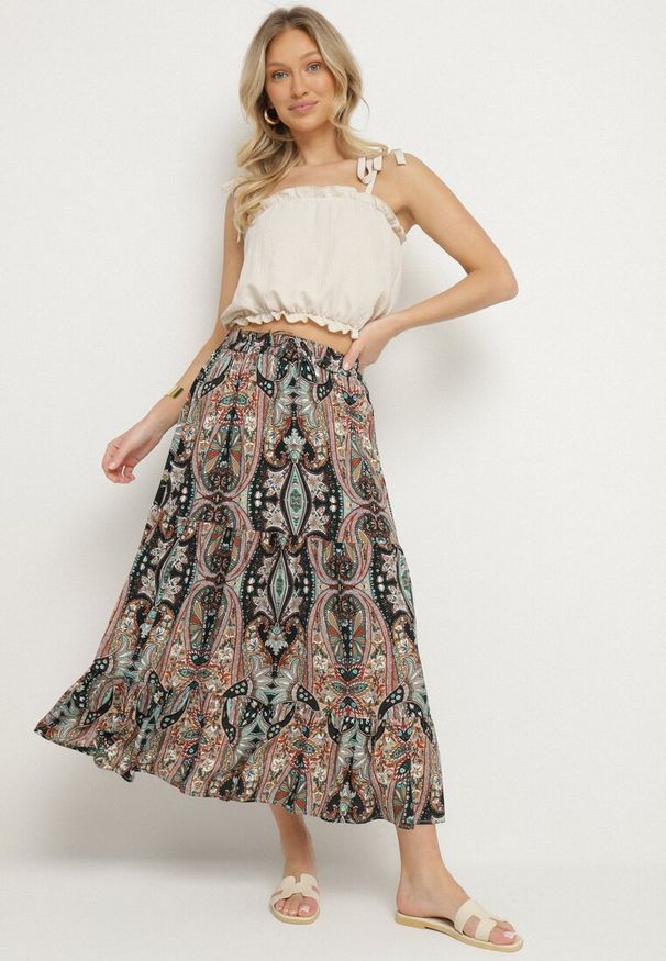 Born2be - Beżowo-Czarna Wiskozowa Spódnica ze Wzorem Paisley Ellishea. Okazja: na co dzień. Kolor: beżowy. Materiał: wiskoza. Wzór: paisley. Styl: boho, elegancki, casual