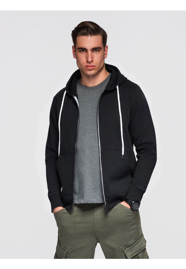 Ombre Clothing - Męska bawełniana bluza dresowa BASIC rozpinana z kapturem - czarna V5 - Rozmiar: XL. Okazja: na co dzień, na spacer, do pracy. Typ kołnierza: kaptur. Kolor: czarny. Materiał: dresówka, bawełna. Wzór: jednolity, gładki, aplikacja. Styl: casual