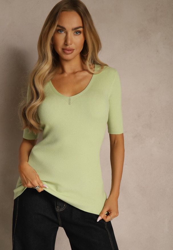 Renee - Zielona Bluzka z Prążkowanej Dzianiny Unarese. Okazja: na imprezę. Kolor: zielony. Materiał: prążkowany, dzianina