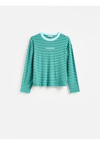 Reserved - Longsleeve w paski - turkusowy. Kolor: turkusowy. Materiał: bawełna, dzianina. Długość rękawa: długi rękaw. Wzór: paski #1