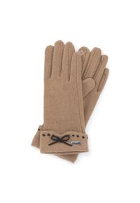 Wittchen - Damskie rękawiczki z przeszyciami i kokardką. Kolor: brązowy. Materiał: wełna. Wzór: haft, aplikacja. Styl: klasyczny