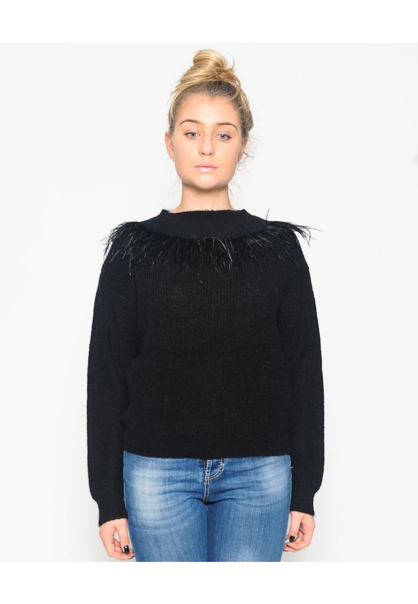 CRISTINAEFFE MILANO - Czarny sweter z piórami. Kolor: czarny. Materiał: materiał. Wzór: aplikacja, ze splotem. Sezon: zima, jesień. Styl: klasyczny