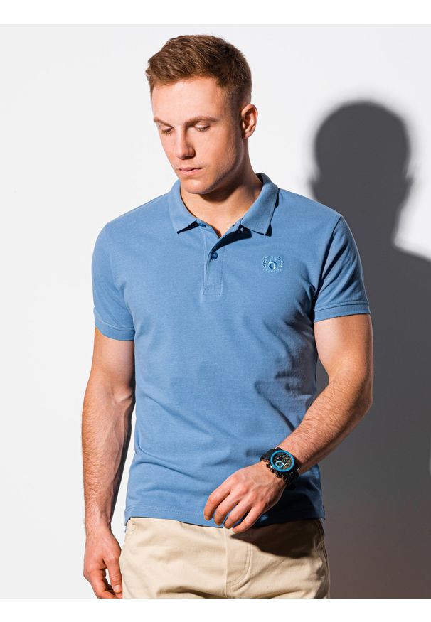 Niebieska koszulka polo Ombre Clothing klasyczna, polo, z haftami