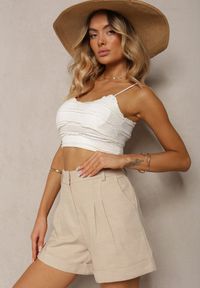 Renee - Beżowe Luźne Szorty Bermudy z Bawełny High Waist Farsefia. Stan: podwyższony. Kolor: beżowy. Materiał: bawełna