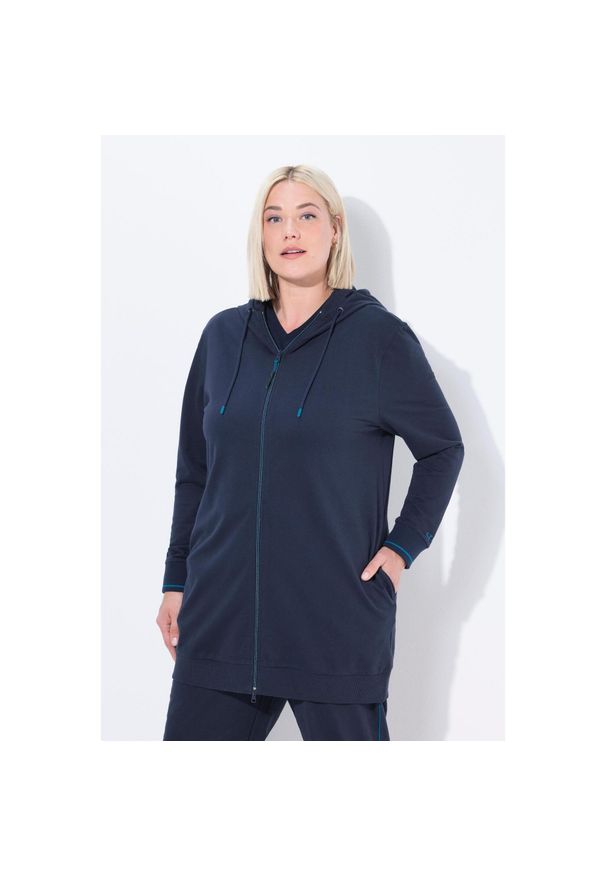 ULLA POPKEN - Damskie Bluza dresowa ozdobna lamówka oversize kaptur. Kolekcja: plus size. Kolor: niebieski. Materiał: poliester, materiał, bawełna