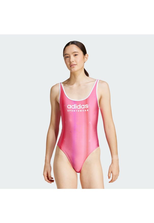 Adidas - Strój do pływania Tiro U-Back. Kolor: wielokolorowy, biały, różowy. Materiał: materiał