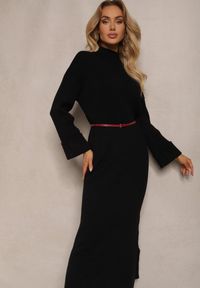 Renee - Czarna Sukienka Sweterkowa z Wiskozą Ozdobiona Wywiniętymi Rękawami Gebika. Okazja: na co dzień. Kolor: czarny. Materiał: wiskoza. Wzór: aplikacja. Typ sukienki: proste. Styl: elegancki, casual #4