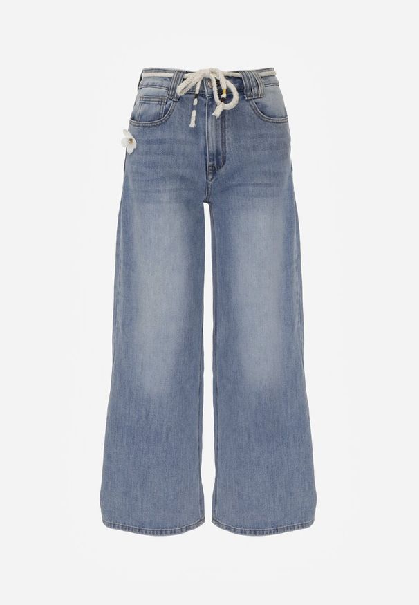 Renee - Niebieskie Szerokie Jeansy z Bawełną High Waist z Paskiem Typu Sznurek Caninna. Stan: podwyższony. Kolor: niebieski. Sezon: wiosna