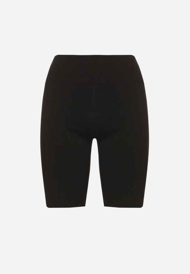 Born2be - Czarne Szorty Kolarki z Prążkowanej Tkaniny z Wysokim Stanem Rinwena. Okazja: na co dzień. Stan: podwyższony. Kolor: czarny. Materiał: tkanina, prążkowany. Styl: elegancki, casual