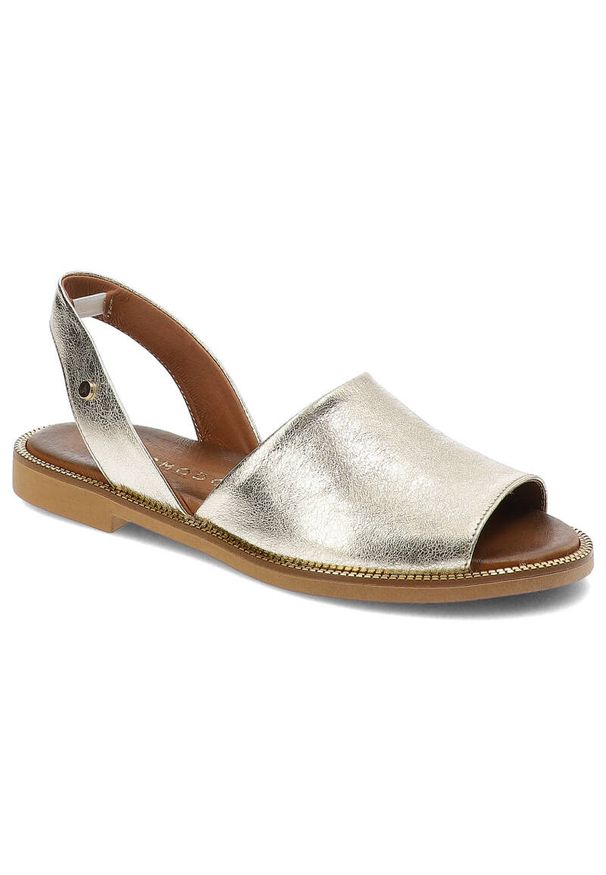 Złote Sandały Armodo Stylowe Buty Damskie. Zapięcie: pasek. Kolor: złoty. Wzór: aplikacja. Styl: elegancki
