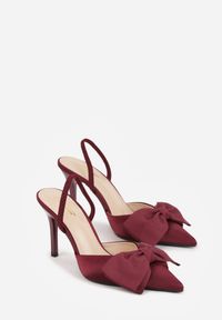 Born2be - Bordowe Satynowe Szpilki z Odkrytą Piętą i Ozdobną Kokardą Argatea. Okazja: na co dzień, na spotkanie biznesowe, na ślub cywilny, do pracy, na wesele, na imprezę. Kolor: czerwony. Materiał: satyna. Obcas: na szpilce. Styl: casual, biznesowy, elegancki, klasyczny #6