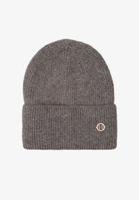 Renee - Szara Czapka Beanie z Dodatkiem Angory i Metaliczną Aplikacją Delathor. Kolor: szary. Materiał: materiał. Wzór: aplikacja. Styl: casual