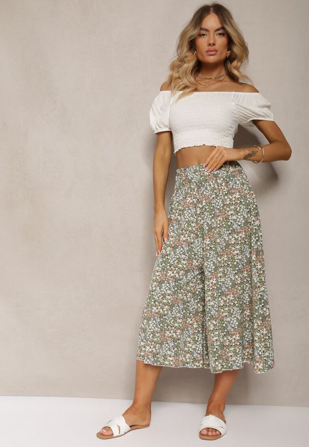 Renee - Zielone Szerokie Spodnie Culotte High Waist z Gumką w Talii Vikiisona. Stan: podwyższony. Kolor: zielony. Materiał: tkanina. Sezon: lato