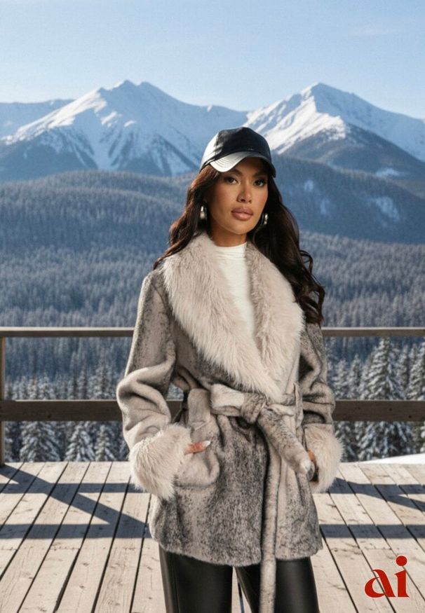 Renee - Beżowa Kurtka Futerko z Wiązanym Paskiem i Szerokim Kołnierzem Coverra. Okazja: na co dzień. Kolor: beżowy. Materiał: futro. Wzór: nadruk. Styl: casual