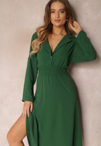 Renee - Zielona Koszulowa Sukienka Midi z Gumką w Pasie Natelin. Kolor: zielony. Typ sukienki: koszulowe. Styl: elegancki. Długość: midi #2