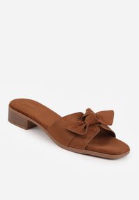 Renee - Brązowe Klapki VICES na Niskim Słupku z Ozdobną Kokardą z Imitacji Zamszu Mole. Okazja: na co dzień. Kolor: brązowy. Materiał: zamsz. Wzór: kwiaty, aplikacja. Sezon: lato. Obcas: na słupku. Styl: casual, elegancki. Wysokość obcasa: niski #3