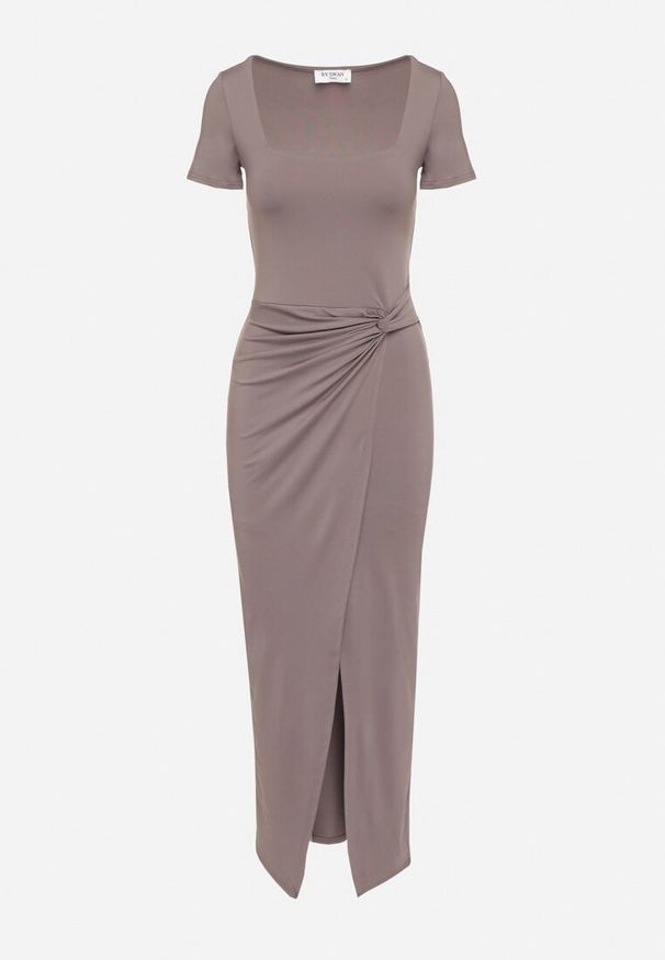 Born2be - Szara Taliowana Sukienka z Wiskozą z Marszczeniem Milasela. Kolor: szary. Materiał: wiskoza. Styl: elegancki, klasyczny