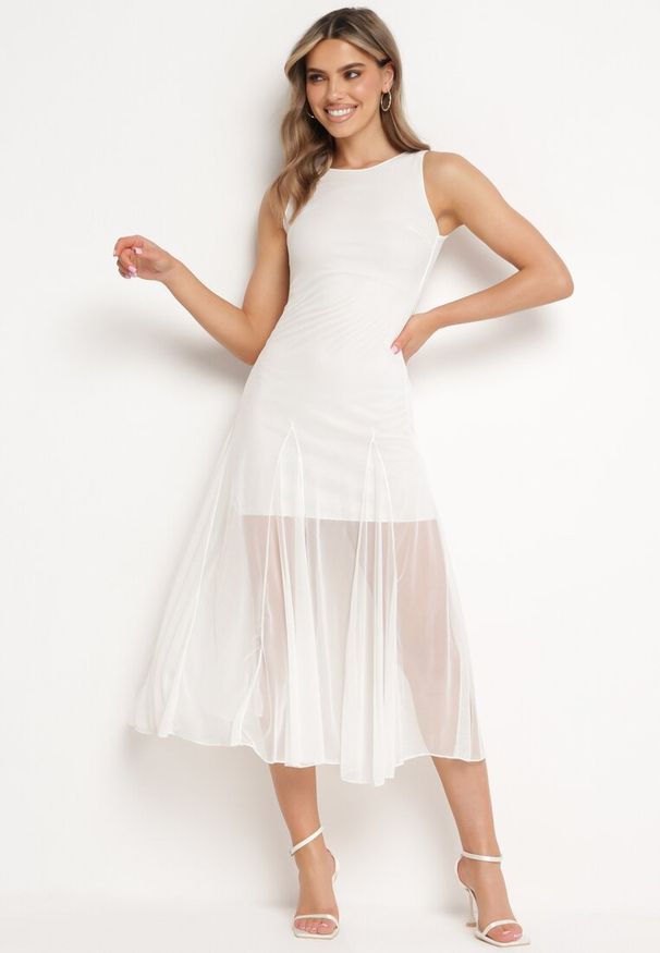 Born2be - Biała Sukienka Bez Rękawów z Tiulowym Dołem Tekolia. Okazja: na co dzień. Kolor: biały. Materiał: tiul. Długość rękawa: bez rękawów. Typ sukienki: proste. Styl: casual