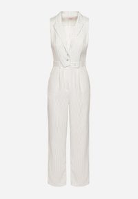 Born2be - Biały Kombinezon w Garniturowym Stylu w Drobne Paski Sarisse. Okazja: na co dzień, na spacer. Kolor: biały. Wzór: paski. Styl: klasyczny, casual, elegancki #2