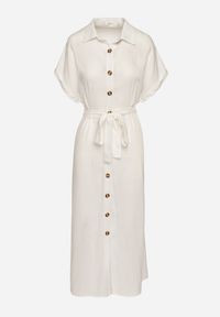 Born2be - Biała Koszulowa Sukienka z Lnem Wiskozą i Paskiem Lenaviel. Okazja: na co dzień. Kolor: biały. Materiał: wiskoza, len. Typ sukienki: koszulowe. Styl: casual, klasyczny #4