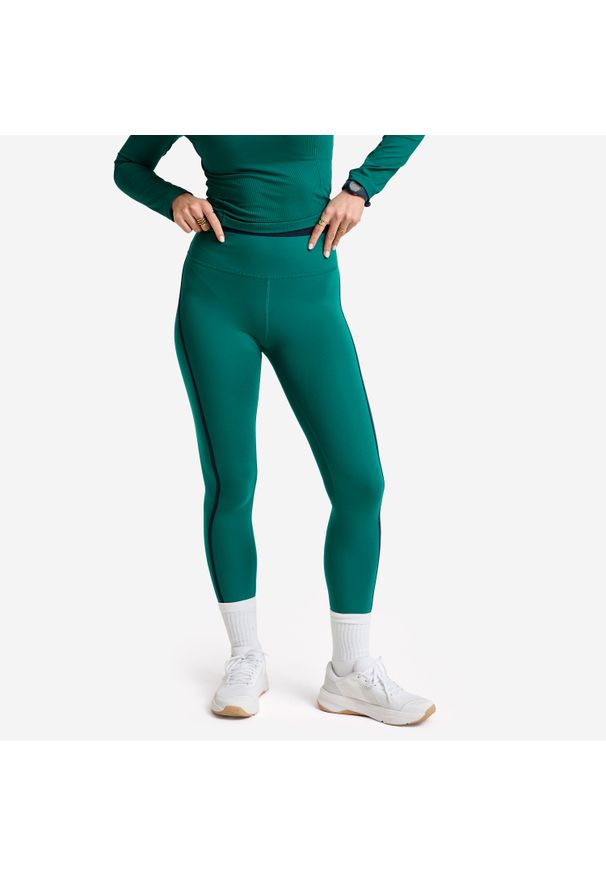 DOMYOS - Legginsy fitness damskie Domyos. Kolor: zielony. Materiał: poliester, elastan, materiał. Wzór: paski. Sport: fitness
