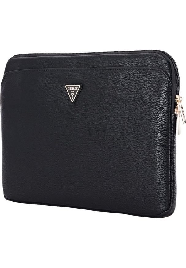 Etui Guess Grained Zipper Pocket Triangle Logo Sleeve 14'' czarny. Kolor: czarny. Materiał: skóra ekologiczna. Styl: klasyczny, elegancki