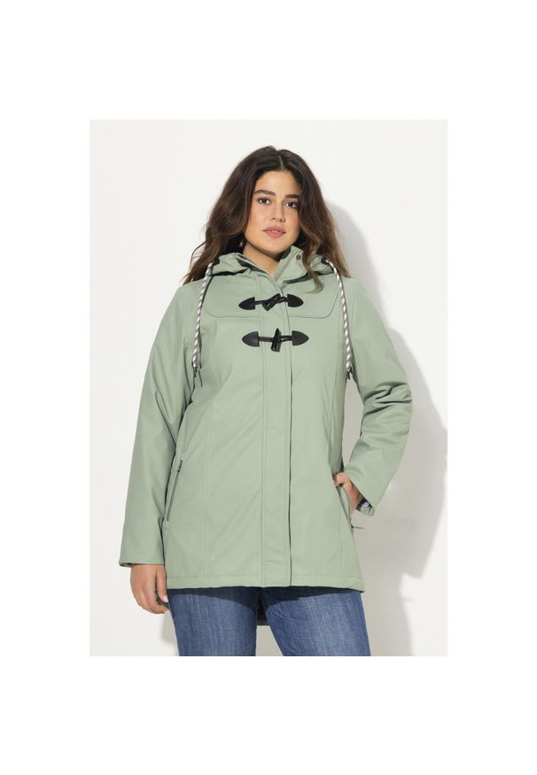 ULLA POPKEN - Damskie Kurtka przeciwdeszczowa HYPRAR wodoszczelna kaptur podłużne guziki. Kolekcja: plus size. Kolor: zielony. Materiał: poliester, materiał. Sport: turystyka piesza