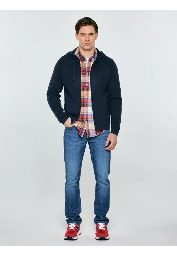 Big-Star - Sweter męski rozpinany z kapturem granatowy Hoodian 403. Okazja: na co dzień. Typ kołnierza: kaptur. Kolor: niebieski. Materiał: tkanina, bawełna, jeans, dresówka. Styl: casual, klasyczny