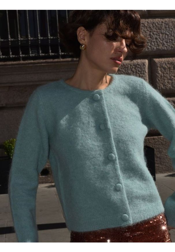 Reserved - Kardigan z wełną alpaki - jasnoturkusowy. Kolor: turkusowy. Materiał: wełna