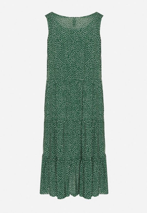 Born2be - Zielona Bawełniana Sukienka w Kropki z Falbanami Zerolia. Okazja: do pracy, na co dzień, na spotkanie biznesowe. Kolor: zielony. Materiał: bawełna. Wzór: kropki. Typ sukienki: proste. Styl: casual, klasyczny, biznesowy