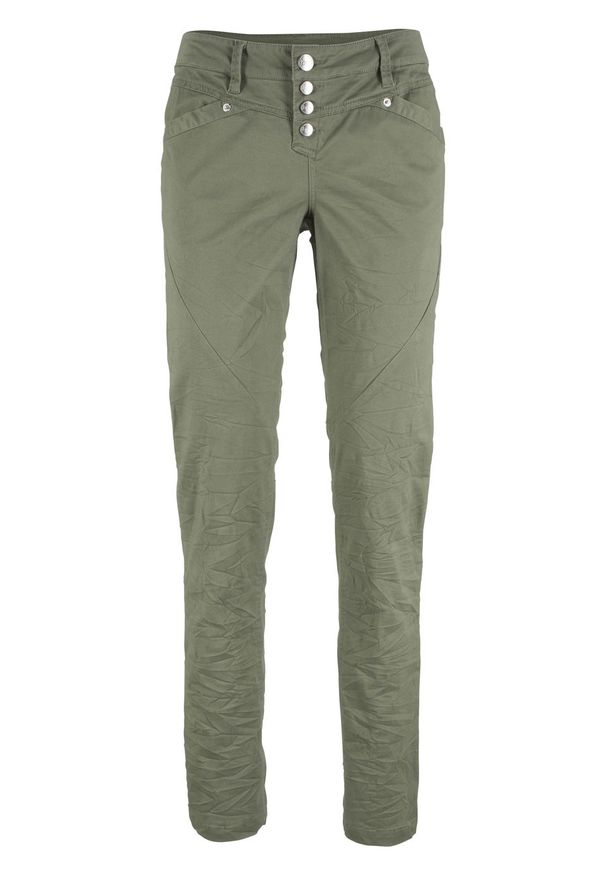 Spodnie z bawełny ze stretchem z efektem kreszowania bonprix oliwkowy. Kolor: zielony. Materiał: bawełna