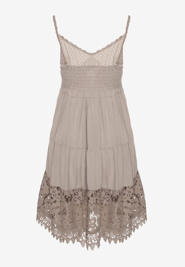 Born2be - Ciemnobeżowa Rozkloszowana Sukienka w Haftowany Wzór Mavironne. Okazja: na imprezę. Kolor: beżowy. Wzór: haft. Styl: elegancki