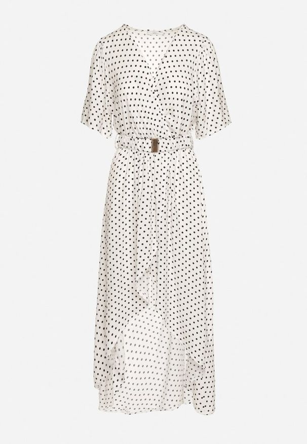 Born2be - Biała Sukienka z Kopertowym Dekoltem o Asymetrycznym Kroju z Paskiem i Gumką w Talii Drelefia. Kolor: biały. Materiał: tkanina. Długość rękawa: krótki rękaw. Typ sukienki: kopertowe, asymetryczne