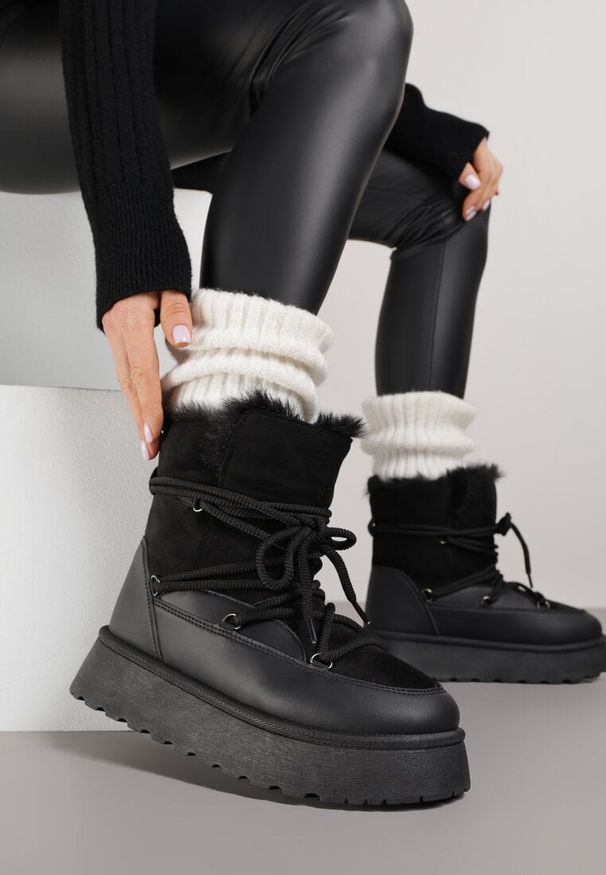 Born2be - Czarne Śniegowce na Grubej Podeszwie z Futerkiem Alwedra. Okazja: na co dzień. Kolor: czarny. Materiał: futro. Styl: casual, elegancki, sportowy