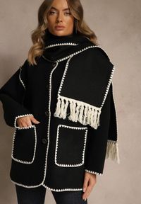 Renee - Czarna Kurtka Oversize z Szalikiem i Ozdobnymi Przeszyciami Claritila. Okazja: na co dzień. Kolor: czarny. Materiał: jeans. Styl: casual