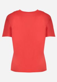 Born2be - Czerwony T-shirt z Ozdobnym Nadrukiem i Cyrkoniami Moariss. Okazja: na co dzień. Kolor: czerwony. Materiał: jeans. Wzór: nadruk. Styl: klasyczny, casual, elegancki, wizytowy #5