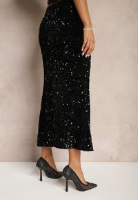 Renee - Czarna Koktajlowa Spódnica High Waist w Cekiny Melimi. Okazja: na co dzień. Stan: podwyższony. Kolor: czarny. Materiał: jedwab. Styl: wizytowy