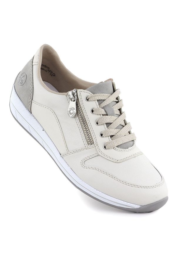 Skórzane półbuty sportowe damskie kremowe Rieker N1100-80. Kolor: kremowy. Materiał: skóra. Styl: sportowy