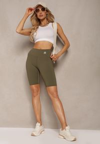 Renee - Ciemnozielone Kolarki Szorty Elastyczne High Waist Meania. Stan: podwyższony. Kolor: zielony. Materiał: bawełna, satyna. Styl: elegancki #4